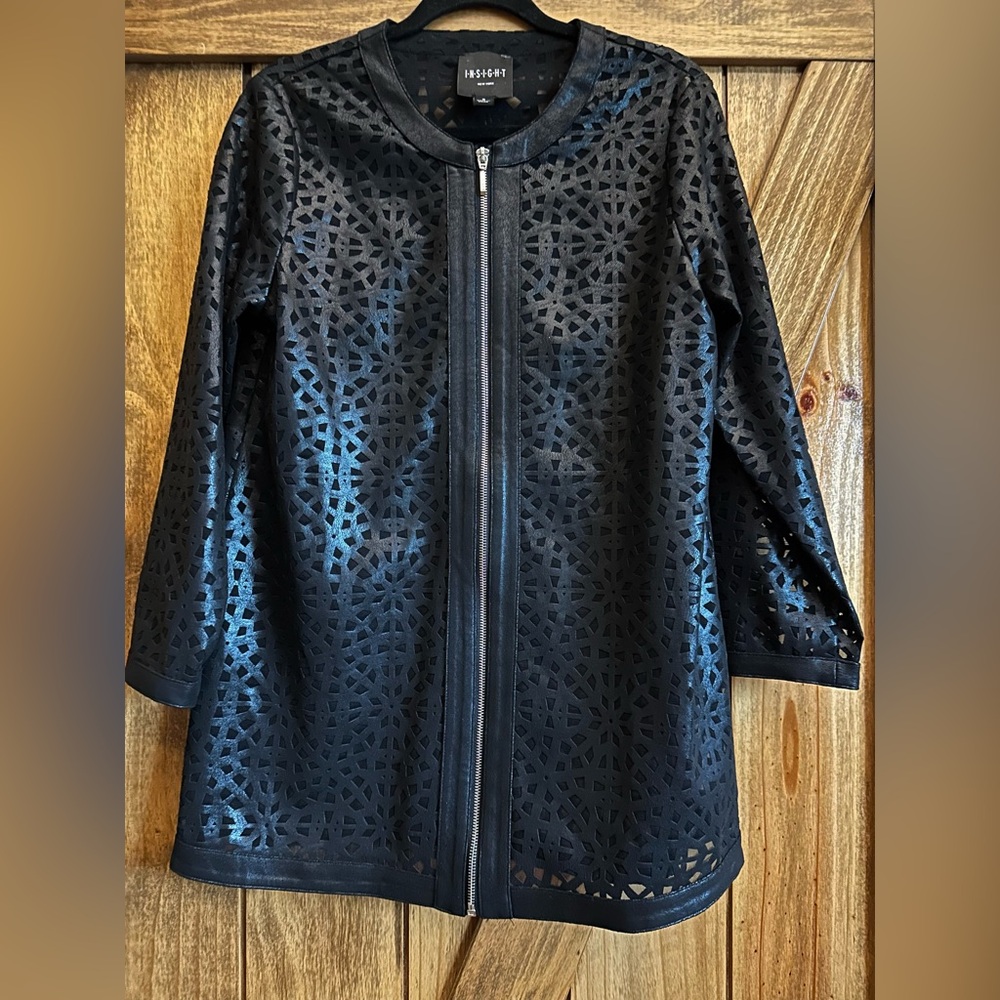 Insight New York Black Laser Cut Out Faux Leather Zip Jacket. Size 8. 19” PTP